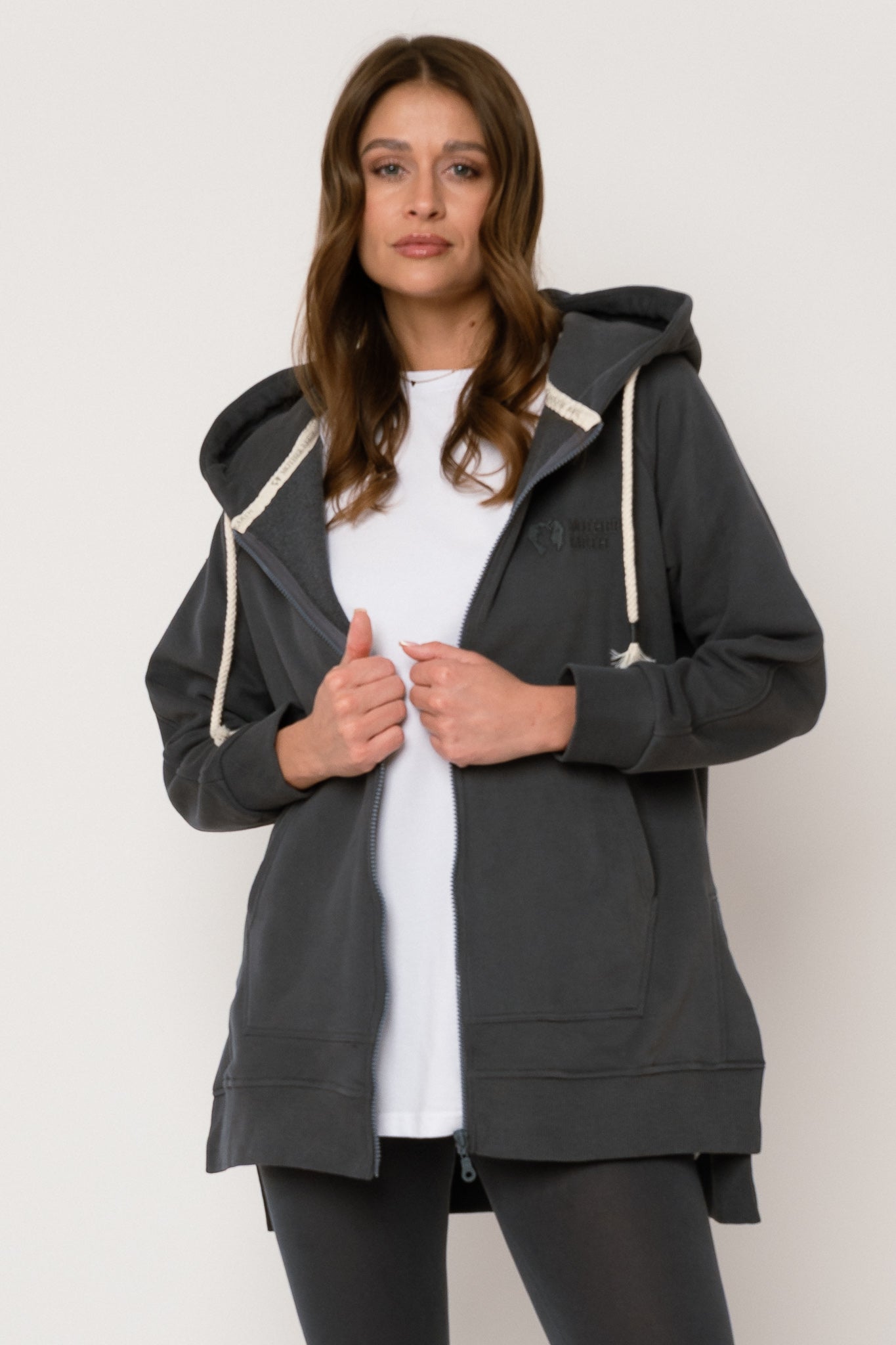 LONG ZIPPERED HOODIE, GRAPHITE - ESMERALDA