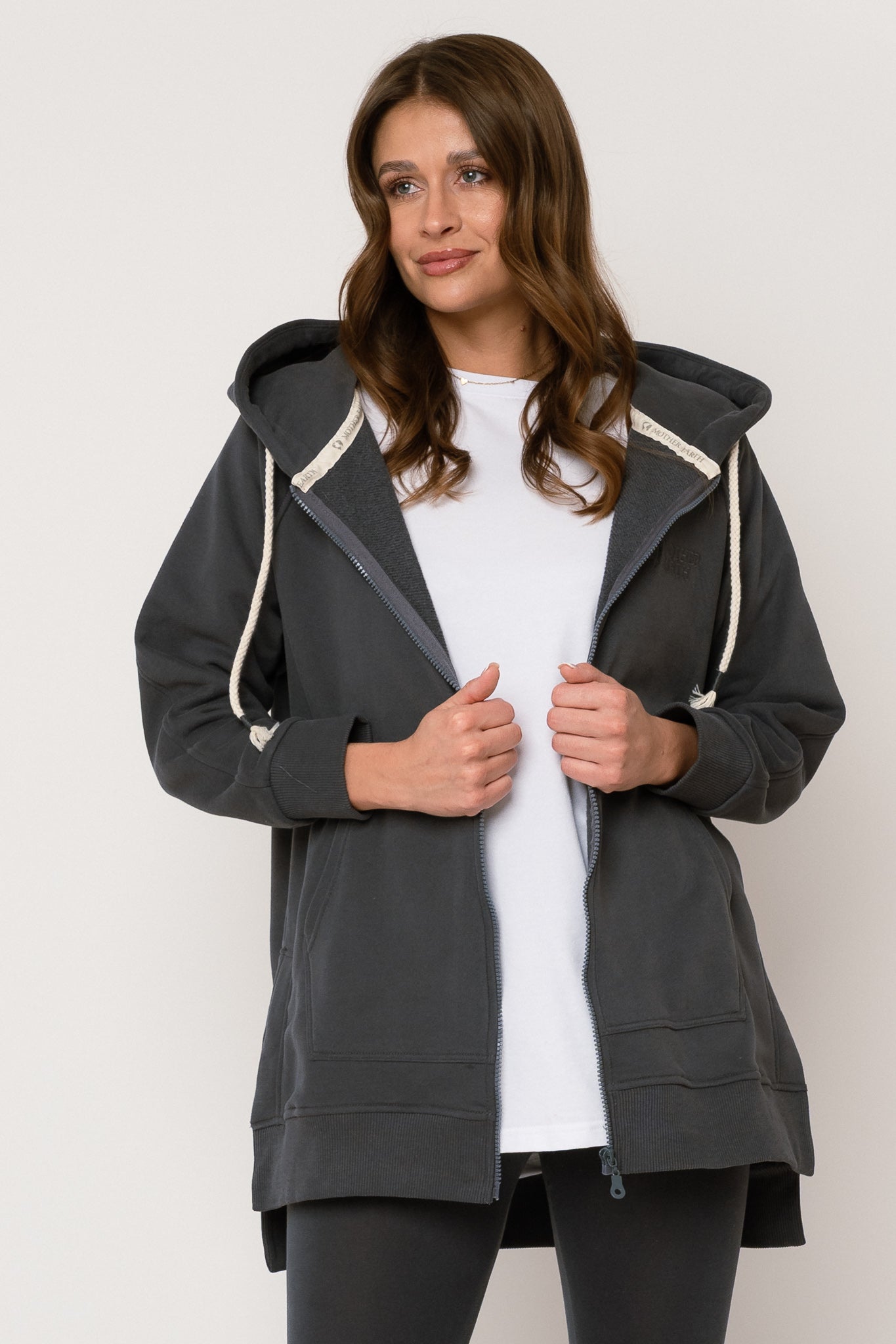 LONG ZIPPERED HOODIE, GRAPHITE - ESMERALDA