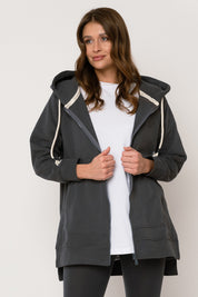 LONG ZIPPERED HOODIE, GRAPHITE - ESMERALDA