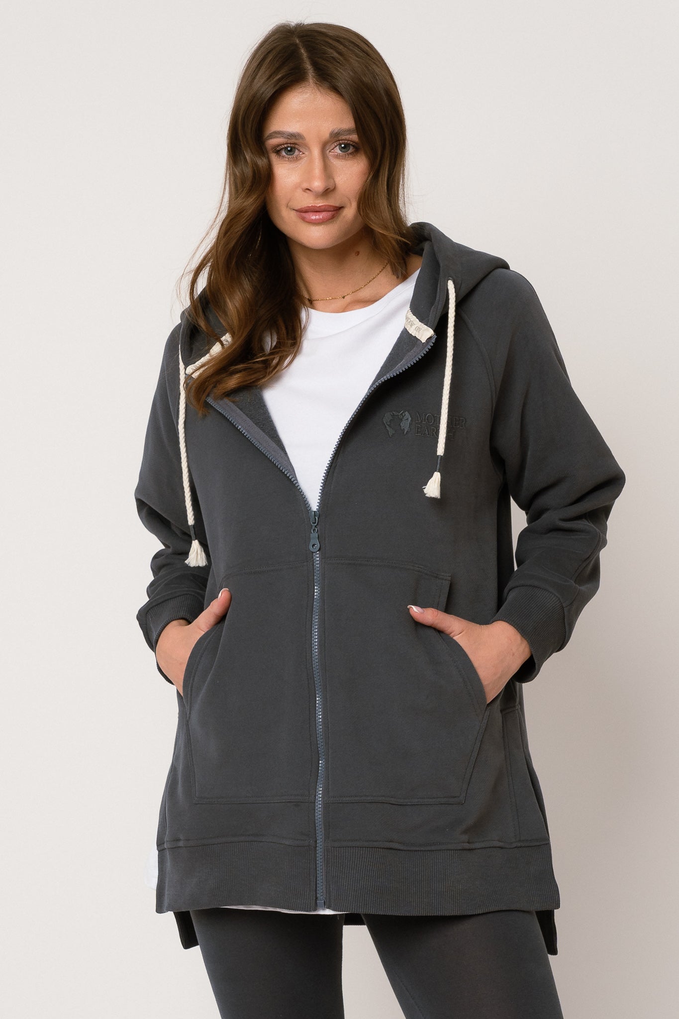 LONG ZIPPERED HOODIE, GRAPHITE - ESMERALDA