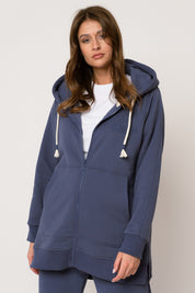 LONG NAVY BLUE HOODED SWEATSHIRT - ESMERALDA