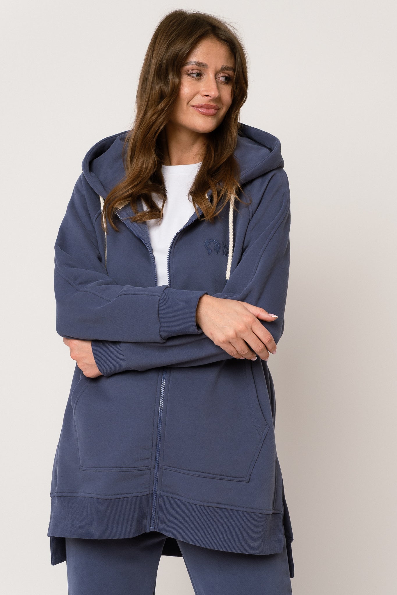 LONG NAVY BLUE HOODED SWEATSHIRT - ESMERALDA