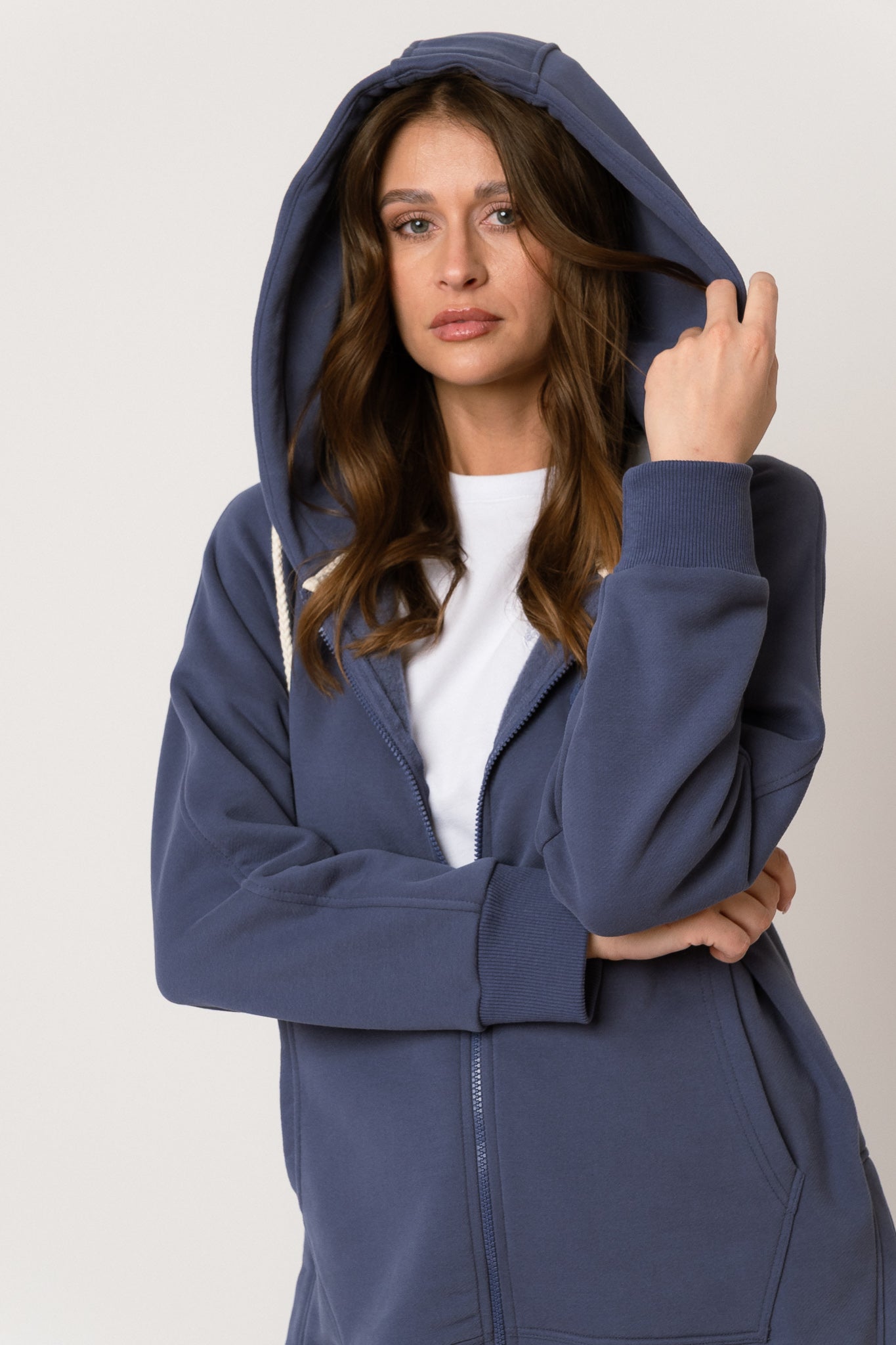 LONG NAVY BLUE HOODED SWEATSHIRT - ESMERALDA