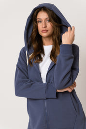 LONG NAVY BLUE HOODED SWEATSHIRT - ESMERALDA