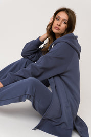 LONG NAVY BLUE HOODED SWEATSHIRT - ESMERALDA