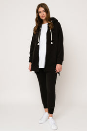LONG BLACK HOODIE WITH ZIPPER - ESMERALDA