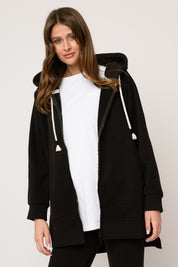 LONG BLACK HOODIE WITH ZIPPER - ESMERALDA