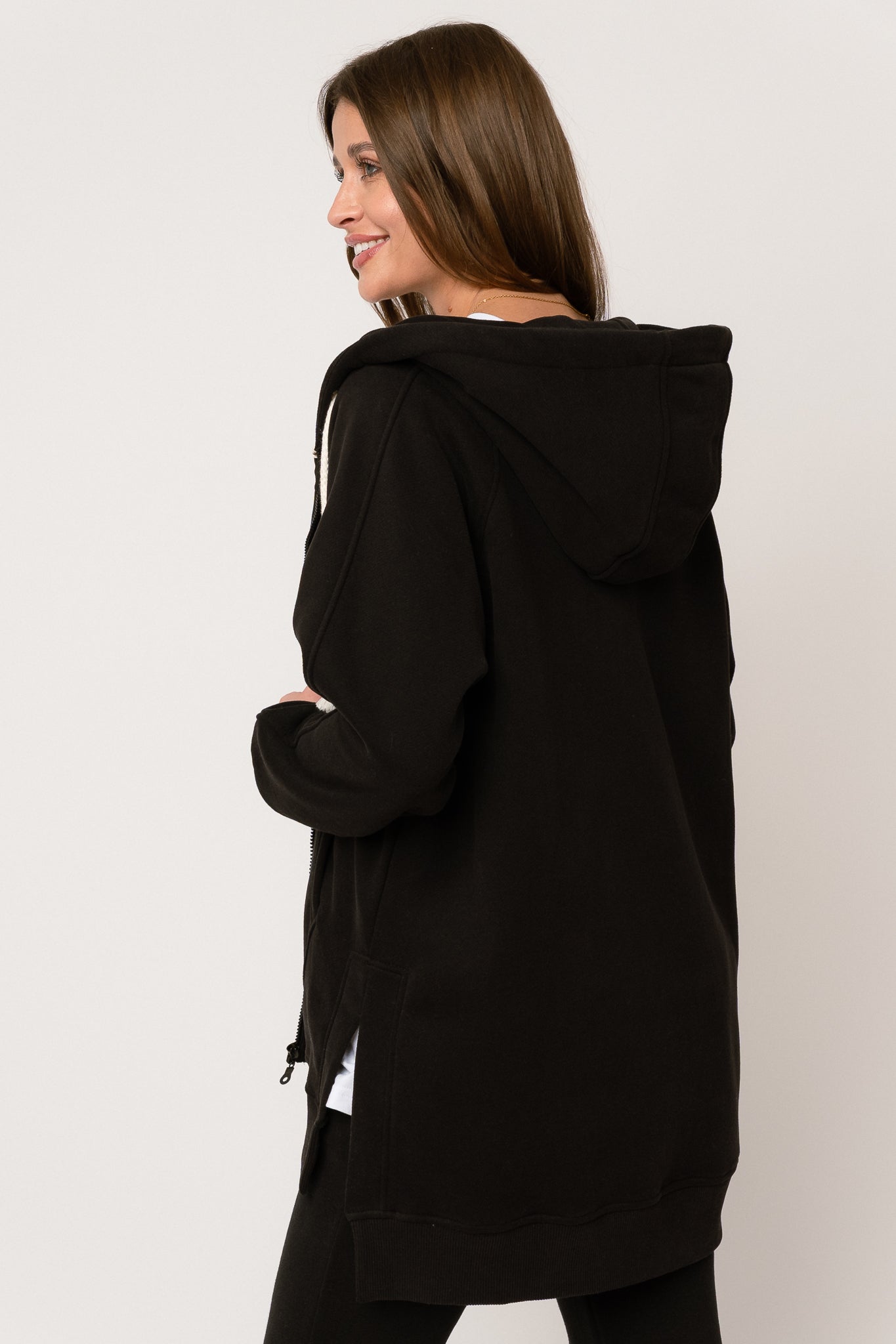 LONG BLACK HOODIE WITH ZIPPER - ESMERALDA