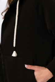 LONG BLACK HOODIE WITH ZIPPER - ESMERALDA