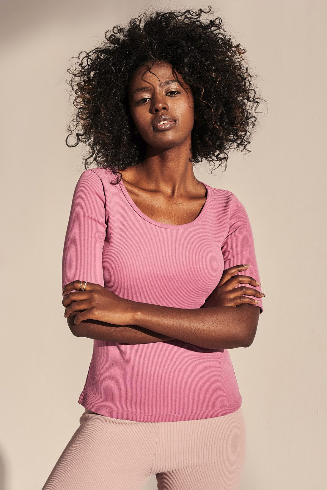 COTTON RIBBED KNIT T-SHIRT PINK - ANTYL