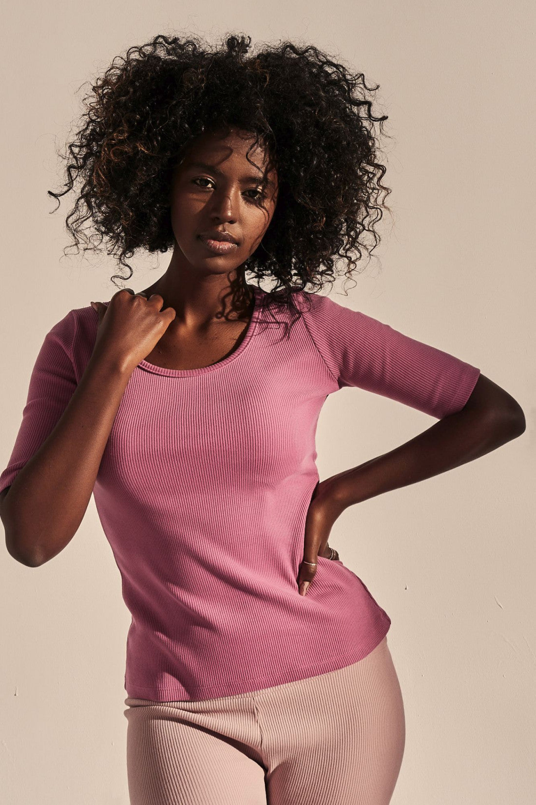 COTTON RIBBED KNIT T-SHIRT PINK - ANTYL