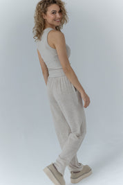 WIDE KNITTED TROUSERS WITH HIGH WAIST BEIGE MELANGE - ASENTE