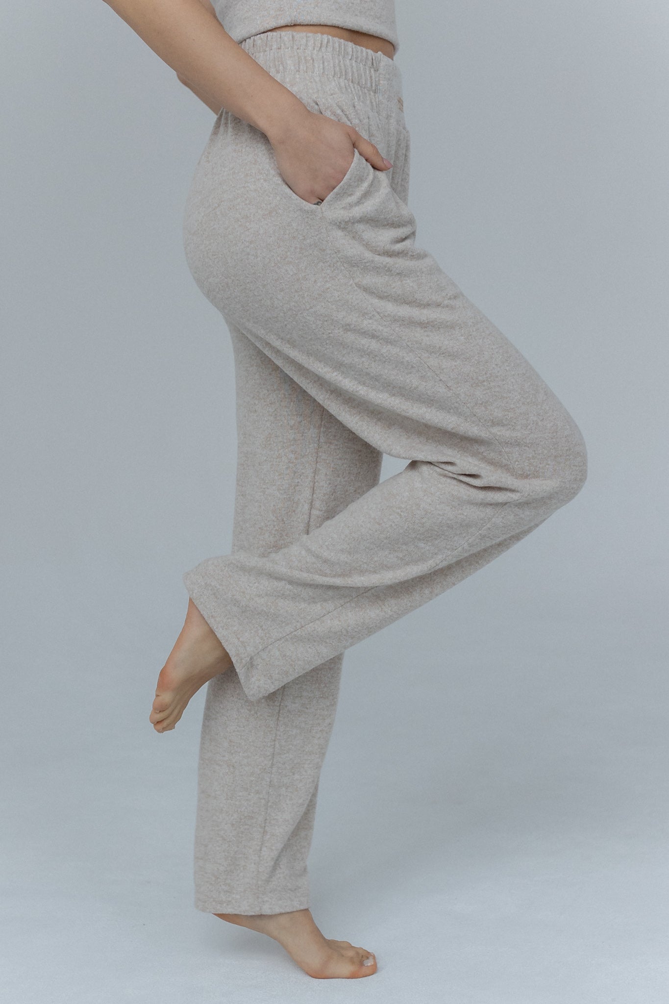 WIDE KNITTED TROUSERS WITH HIGH WAIST BEIGE MELANGE - ASENTE