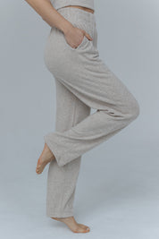 WIDE KNITTED TROUSERS WITH HIGH WAIST BEIGE MELANGE - ASENTE