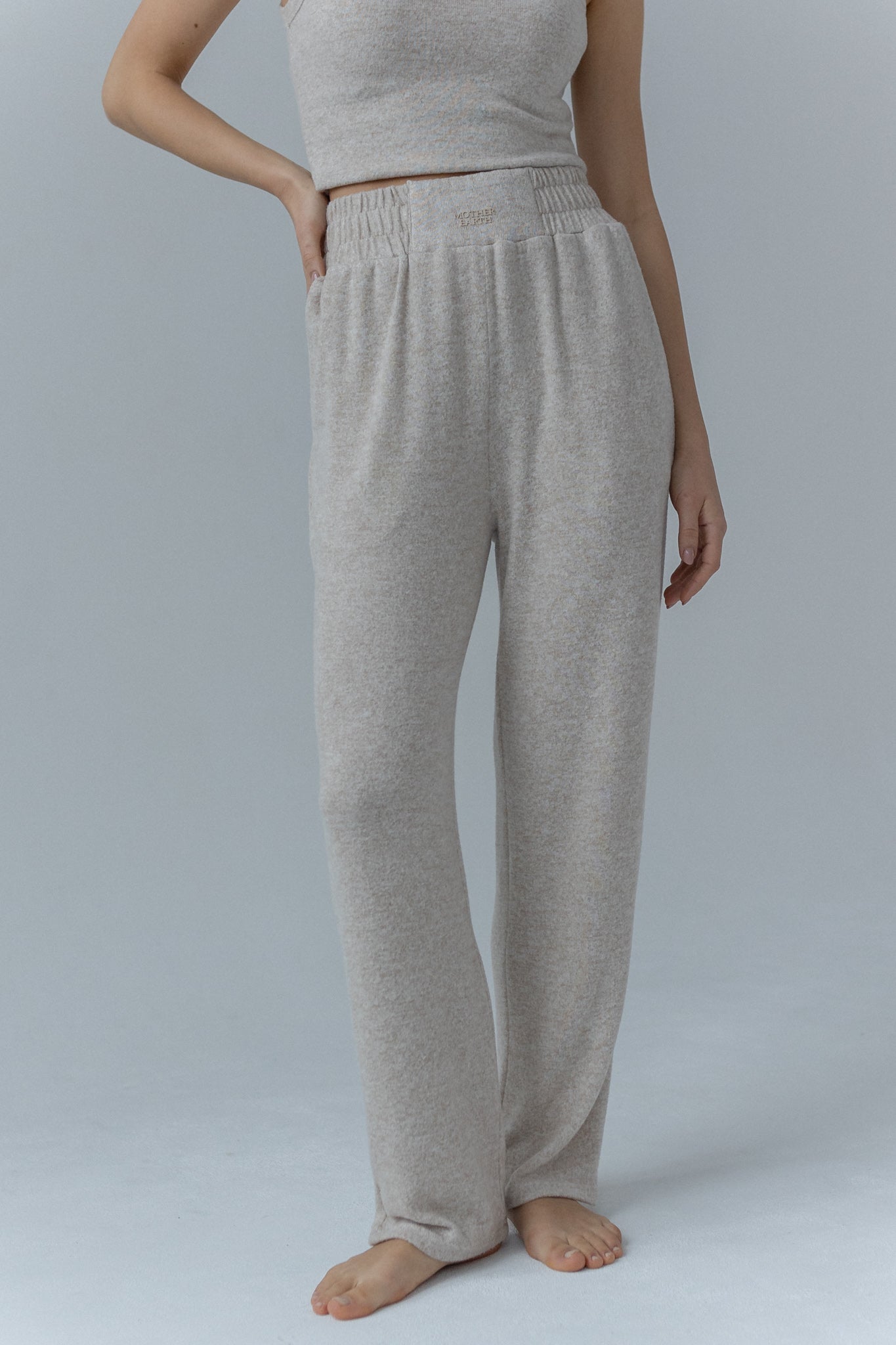 WIDE KNITTED TROUSERS WITH HIGH WAIST BEIGE MELANGE - ASENTE