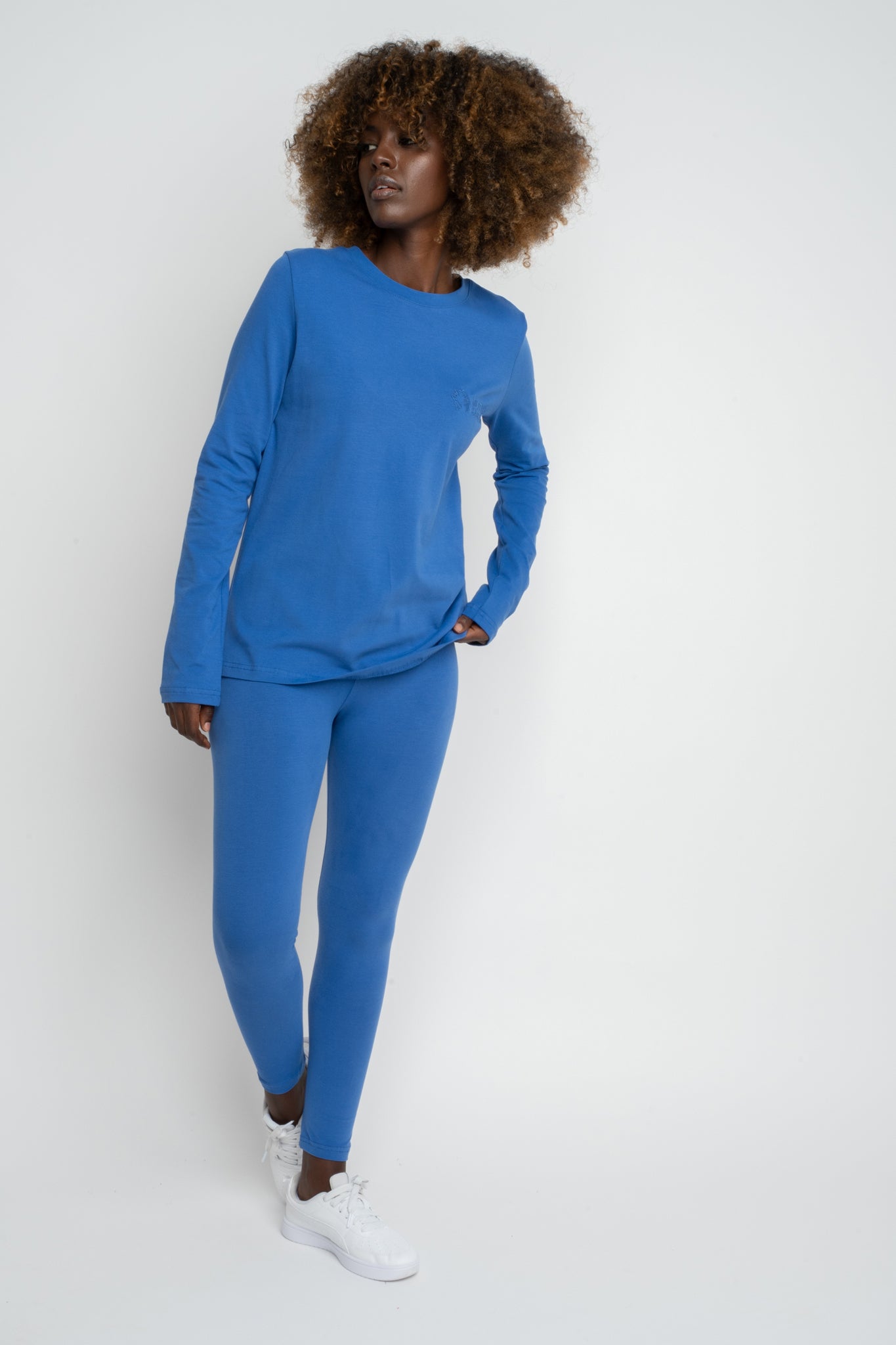 COTTON LONG-SLEEVE BLOUSE, CORNFLOWER BLUE - KANDY