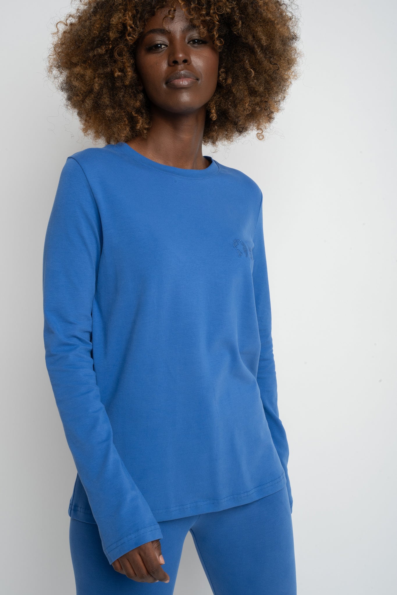 COTTON LONG-SLEEVE BLOUSE, CORNFLOWER BLUE - KANDY