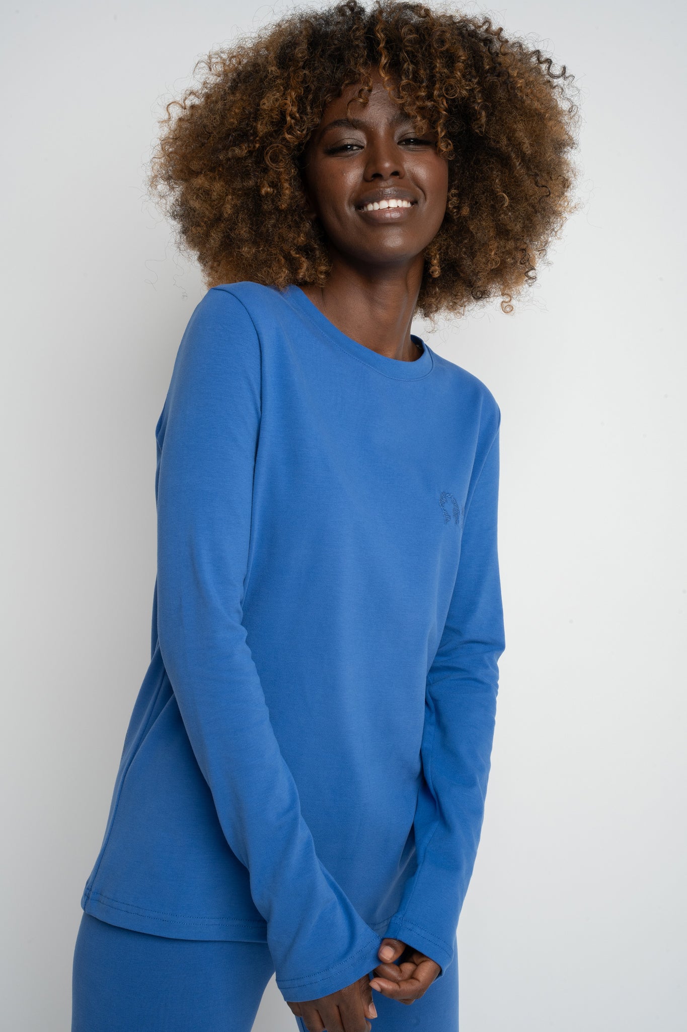 COTTON LONG-SLEEVE BLOUSE, CORNFLOWER BLUE - KANDY