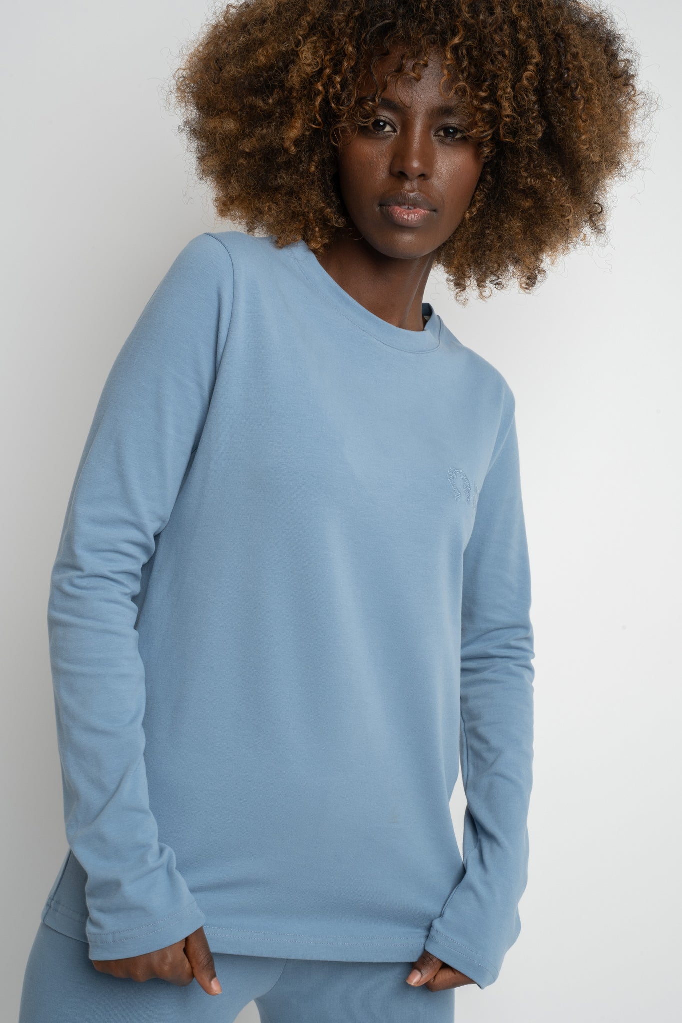 COTTON LONG-SLEEVE BLOUSE, DARK BLUE - KANDY