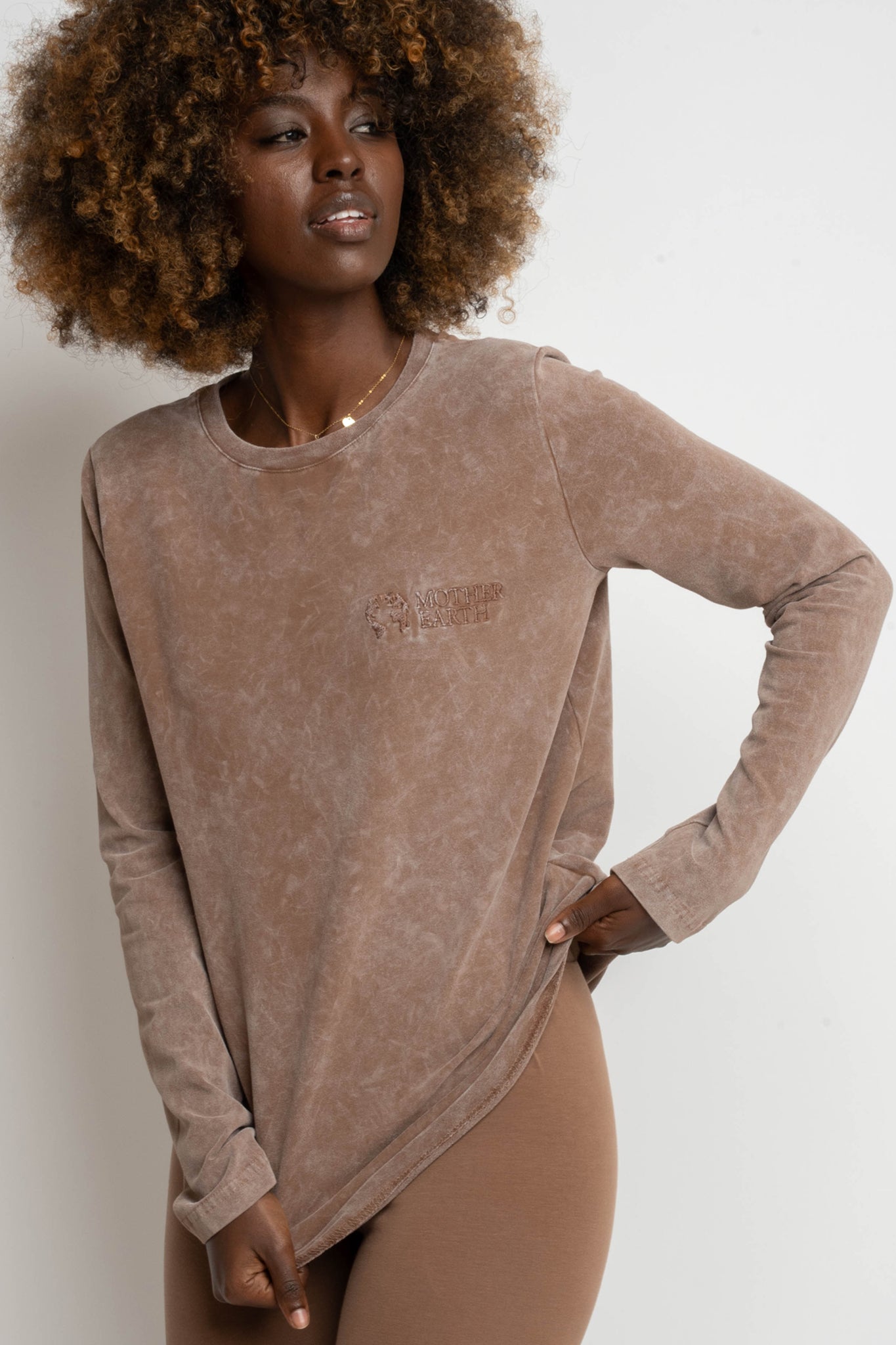 BROWN WASHED EFFECT LONG-SLEEVE BLOUSE - POLYKSENA