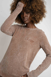 BROWN WASHED EFFECT LONG-SLEEVE BLOUSE - POLYKSENA