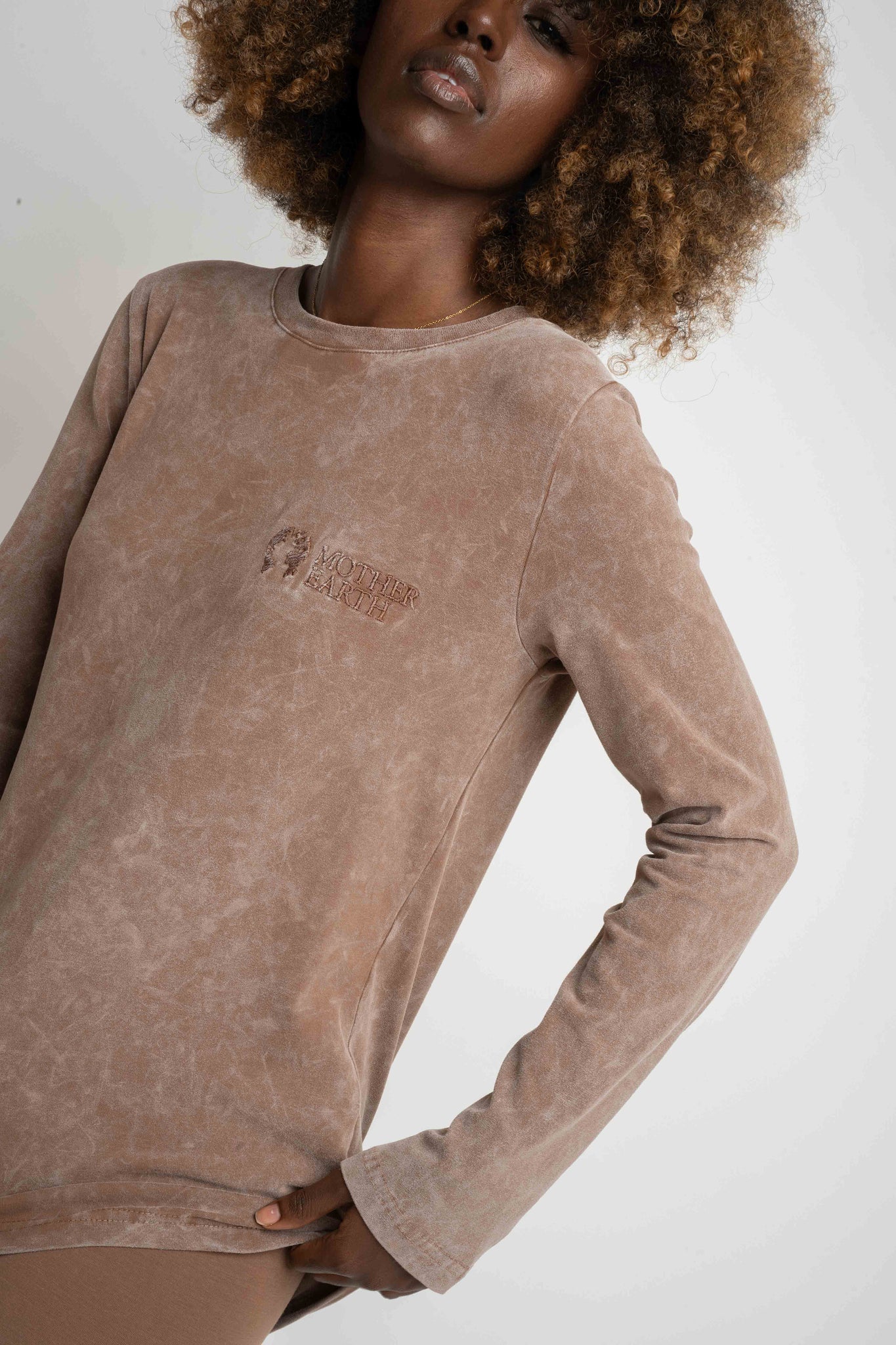BROWN WASHED EFFECT LONG-SLEEVE BLOUSE - POLYKSENA