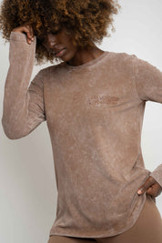 BROWN WASHED EFFECT LONG-SLEEVE BLOUSE - POLYKSENA