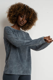 WASHED EFFECT LONG-SLEEVE BLOUSE, GRAPHITE - POLYXENA