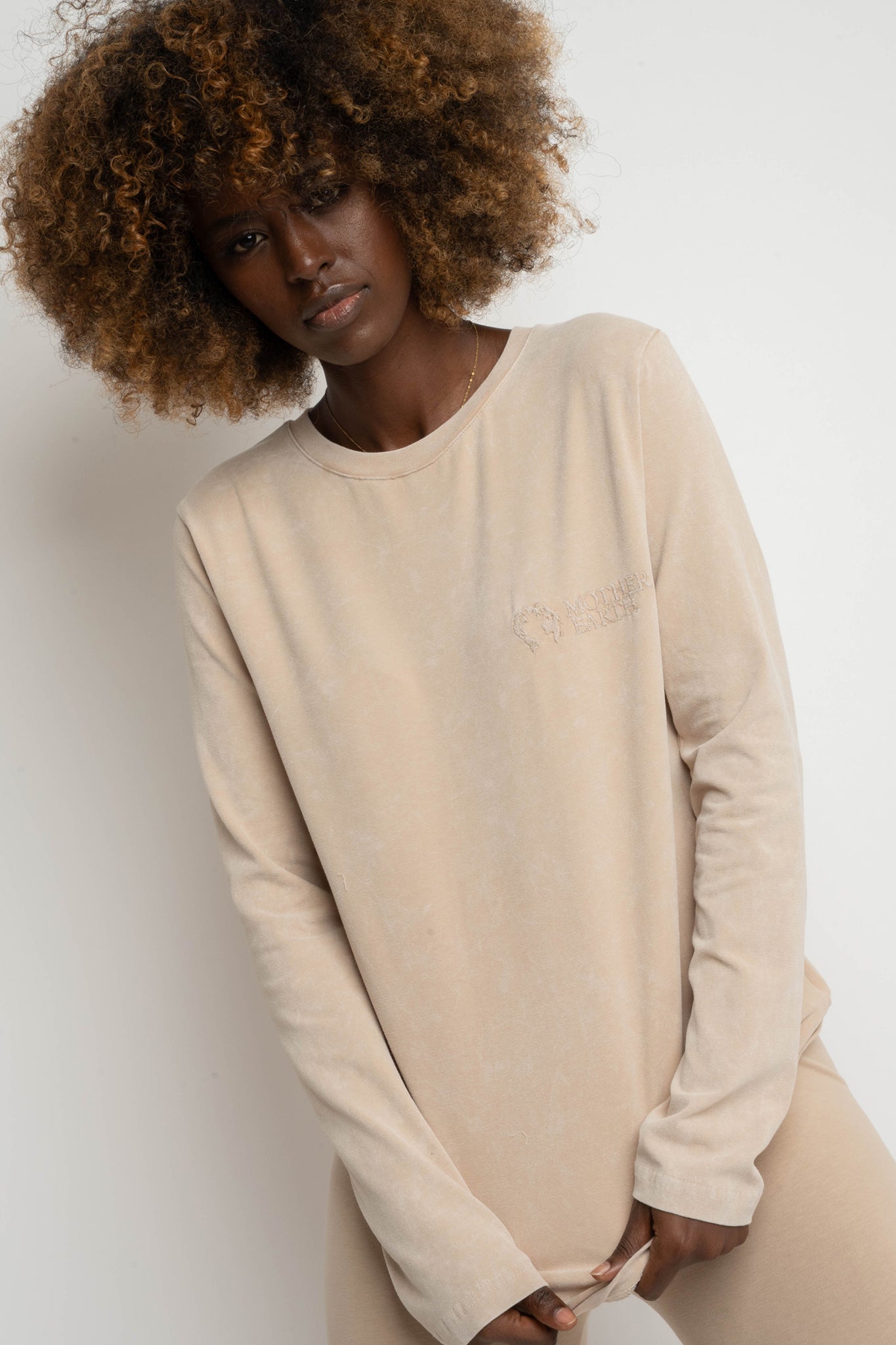 BEIGE WASHED EFFECT LONG-SLEEVE BLOUSE - POLIKSENA