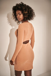 STRIPED DRESS WITH LONG SLEEVES AND A CUTOUT AT THE BACK, BROWN - PHENIX