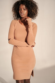 BROWN RIBBED KNIT DRESS WITH LONG SLEEVES - GOZO