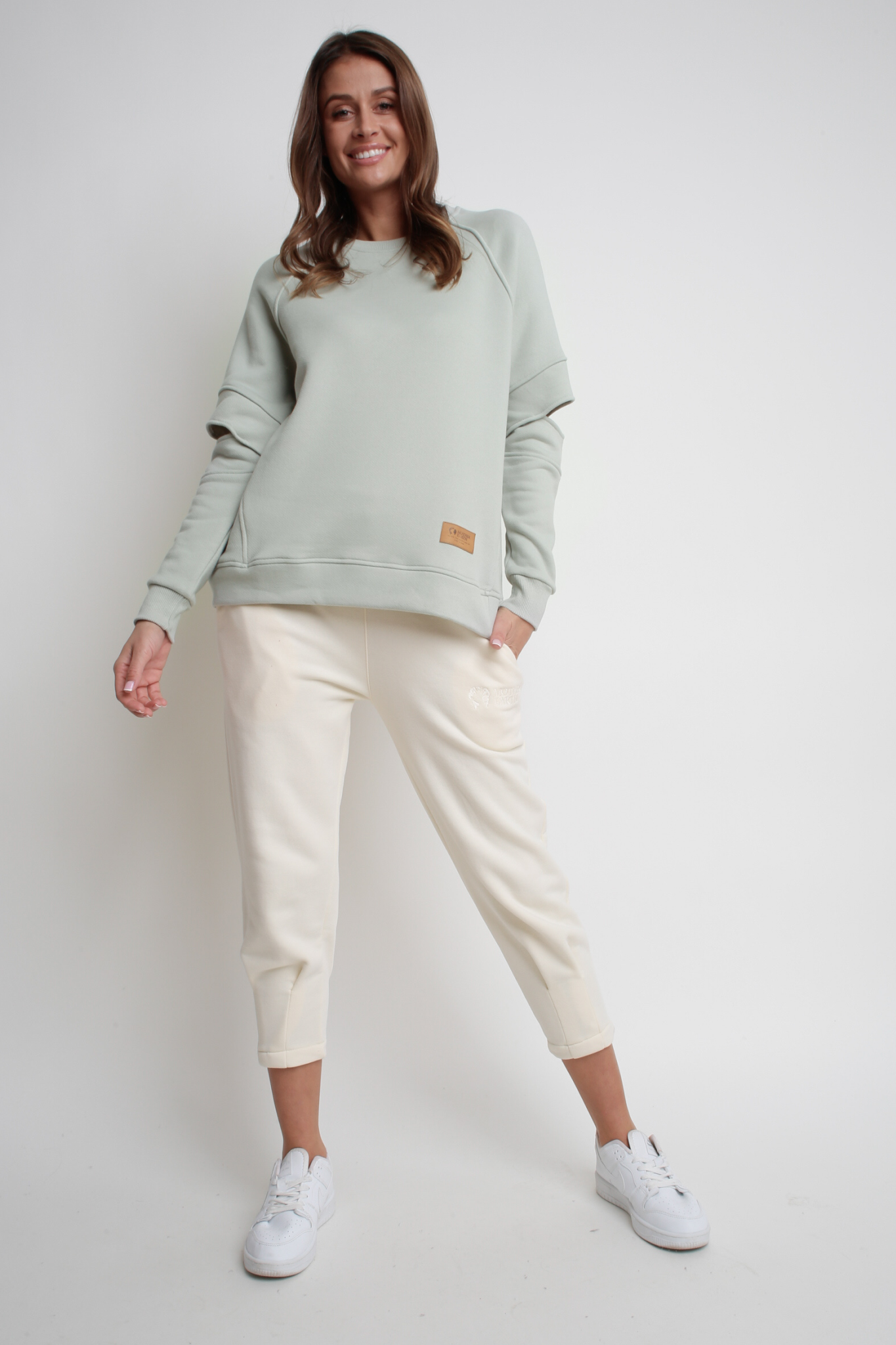 BLUZA TYPU CREWNECK Z PRZESZYCIAMI NA ŁOKCIACH MIĘTOWA - FLINDERS