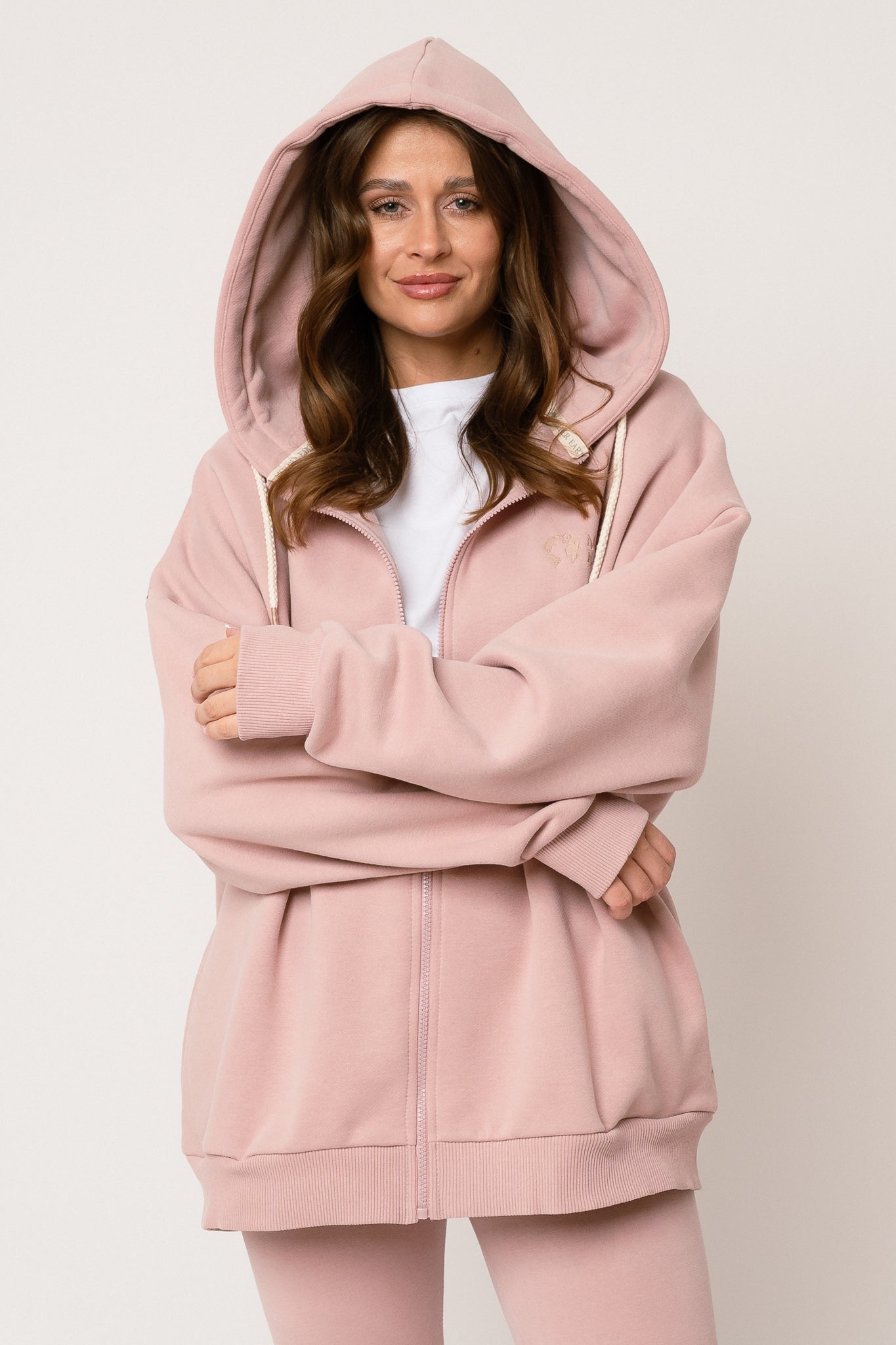 BLUZA Z KAPTUREM ROZPINANA JASNORÓŻOWA - NIKO