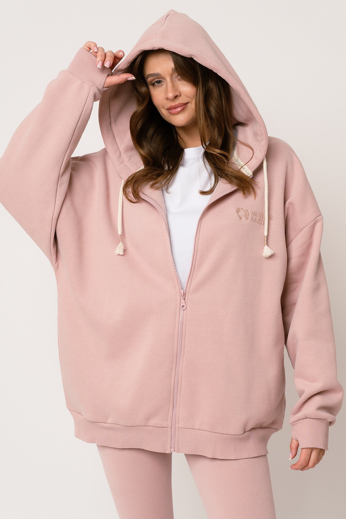 BLUZA Z KAPTUREM ROZPINANA JASNORÓŻOWA - NIKO