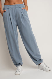 SPODNIE DRESOWE O KROJU BALLOON FIT Z EFEKTEM WASHED NIEBIESKIE - RIBE TALL