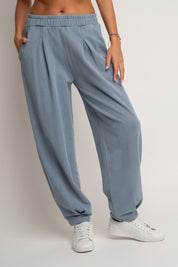 SPODNIE DRESOWE O KROJU BALLOON FIT Z EFEKTEM WASHED NIEBIESKIE - RIBE TALL