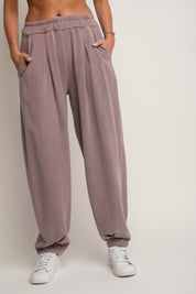 SPODNIE DRESOWE O KROJU BALLOON FIT Z EFEKTEM WASHED WRZOSOWE - RIBE TALL