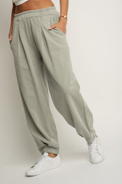 SPODNIE DRESOWE O KROJU BALLOON FIT Z EFEKTEM WASHED OLIWKOWE - RIBE TALL