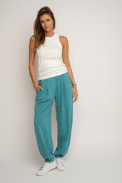 SPODNIE DRESOWE O KROJU BALLOON FIT Z EFEKTEM WASHED TURKUSOWE - RIBE TALL