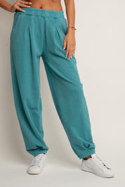 SPODNIE DRESOWE O KROJU BALLOON FIT Z EFEKTEM WASHED TURKUSOWE - RIBE TALL