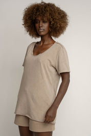 T-SHIRT Z EFEKTEM WASHED BEŻOWY - SEINE