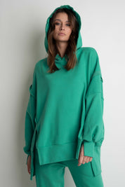 OVERSIZE HOODED SWEATSHIRT WITH SIDE SLOTS, GREEN - HOLA