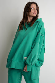 OVERSIZE HOODED SWEATSHIRT WITH SIDE SLOTS, GREEN - HOLA