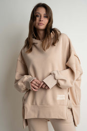 OVERSIZE HOODED SWEATSHIRT WITH SIDE SLOTS BEIGE - HOLA