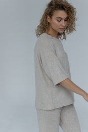 BEIGE MELANGE OVERSIZE SHORT SLEEVE BLOUSE - FAGOT