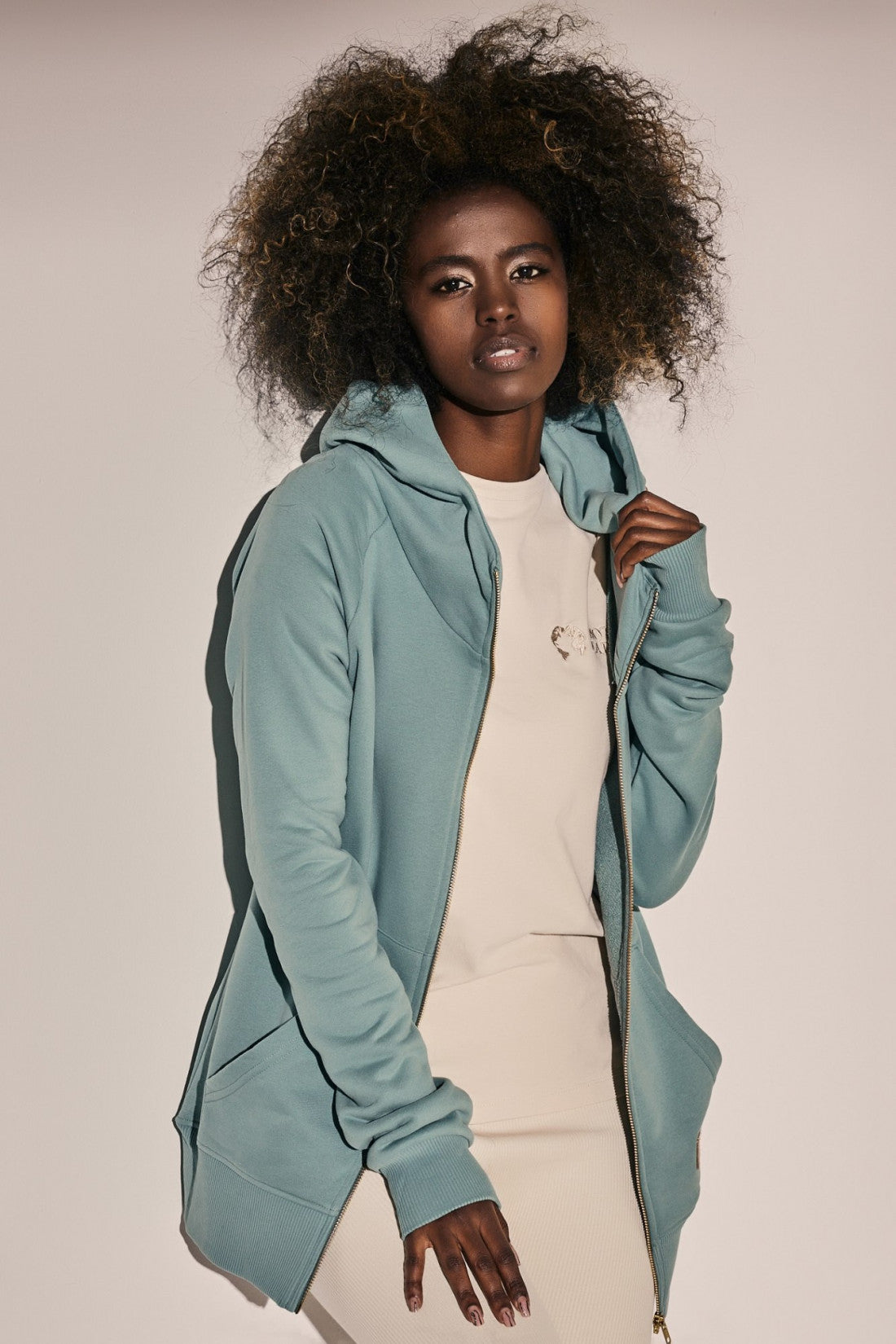 TURQUOISE ZIP-UP HOODED SWEATSHIRT - FARWELL