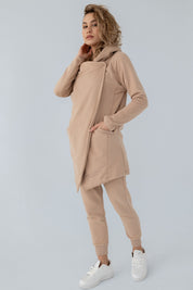 LONG ZIPPERED HOODED SWEATSHIRT BROWN - GIZELA