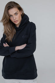 LONG ASYMMETRIC HOODED SWEATSHIRT NAVY BLUE - HALLA