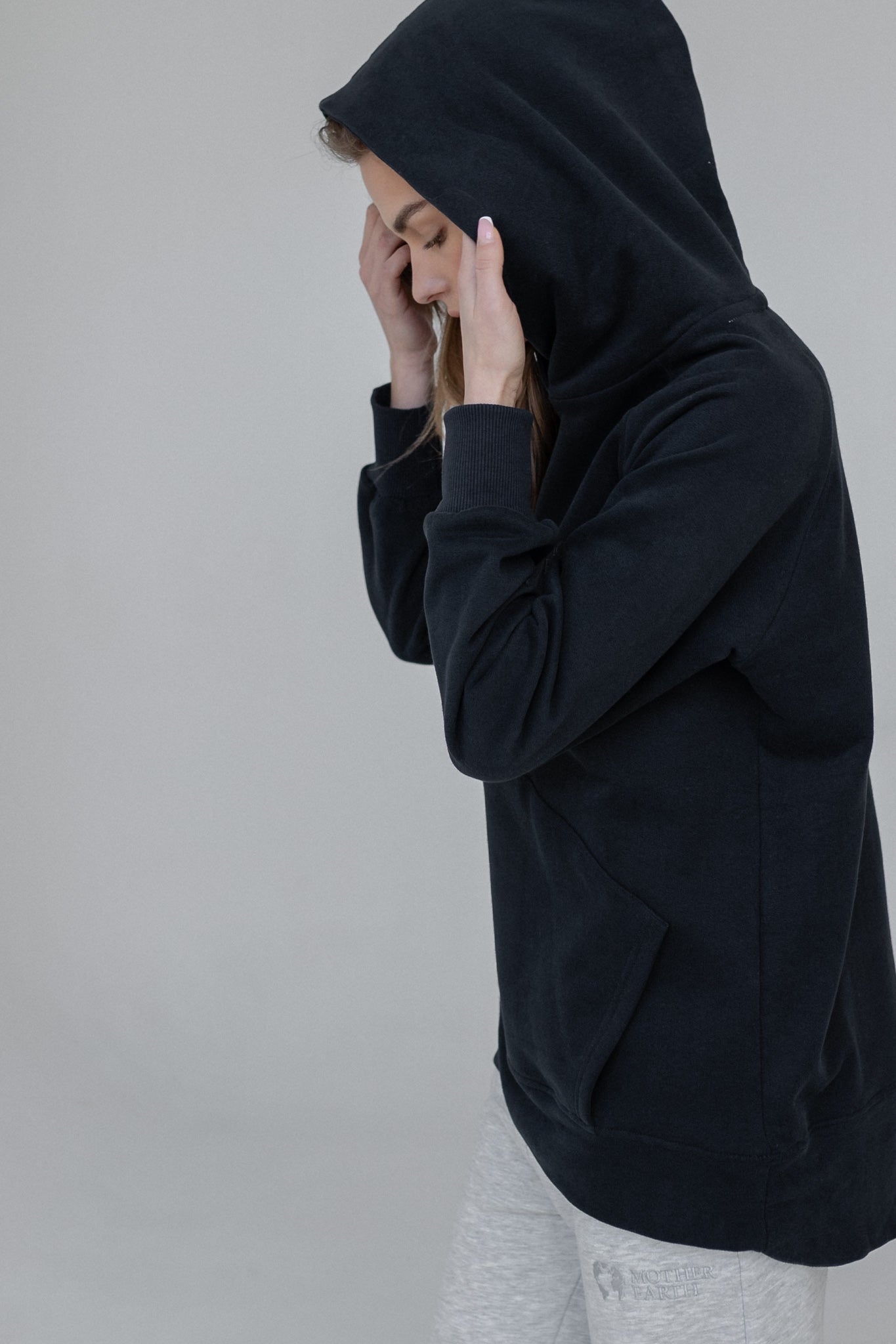 LONG ASYMMETRIC HOODED SWEATSHIRT NAVY BLUE - HALLA