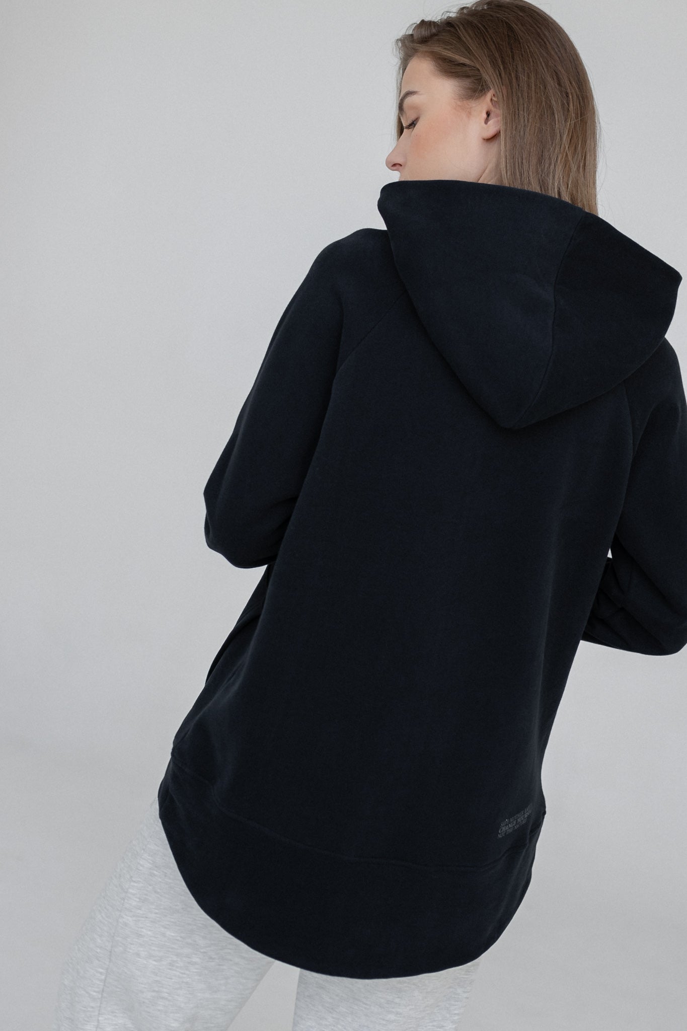 LONG ASYMMETRIC HOODED SWEATSHIRT NAVY BLUE - HALLA